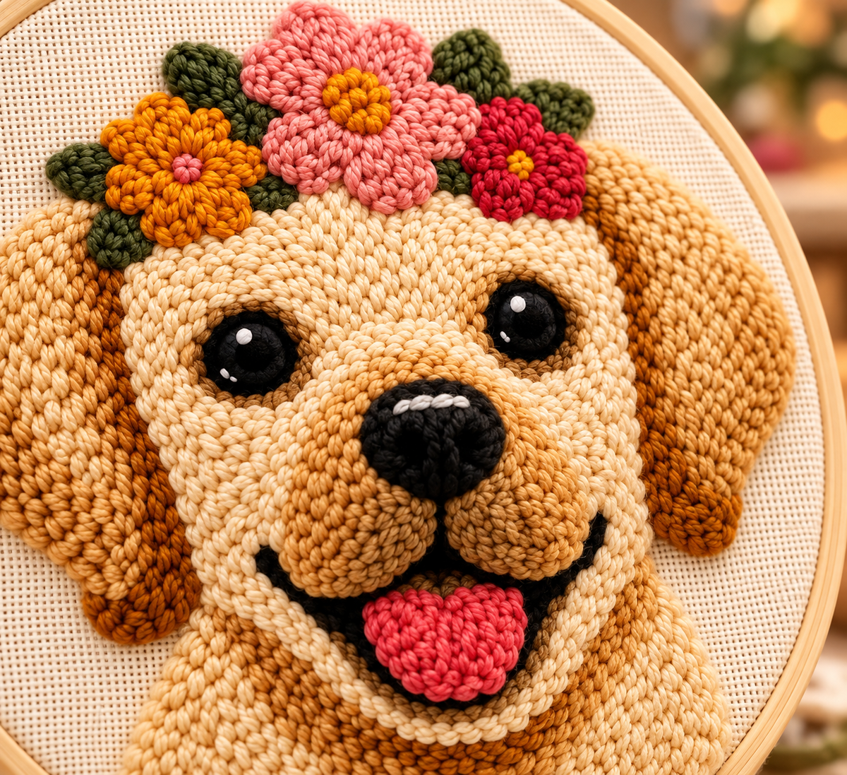 Detalje af Punch Needle Sød Hund med Blomsterkrans design 