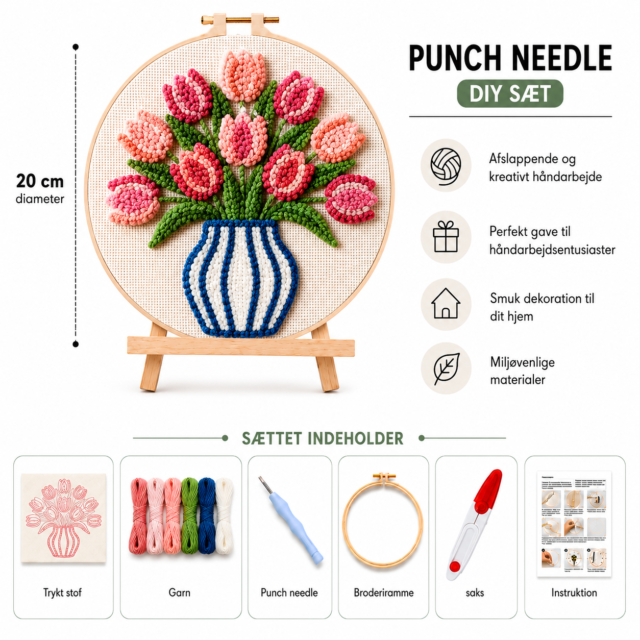 Punch Needle sæt med garn, nål og broderiramme
