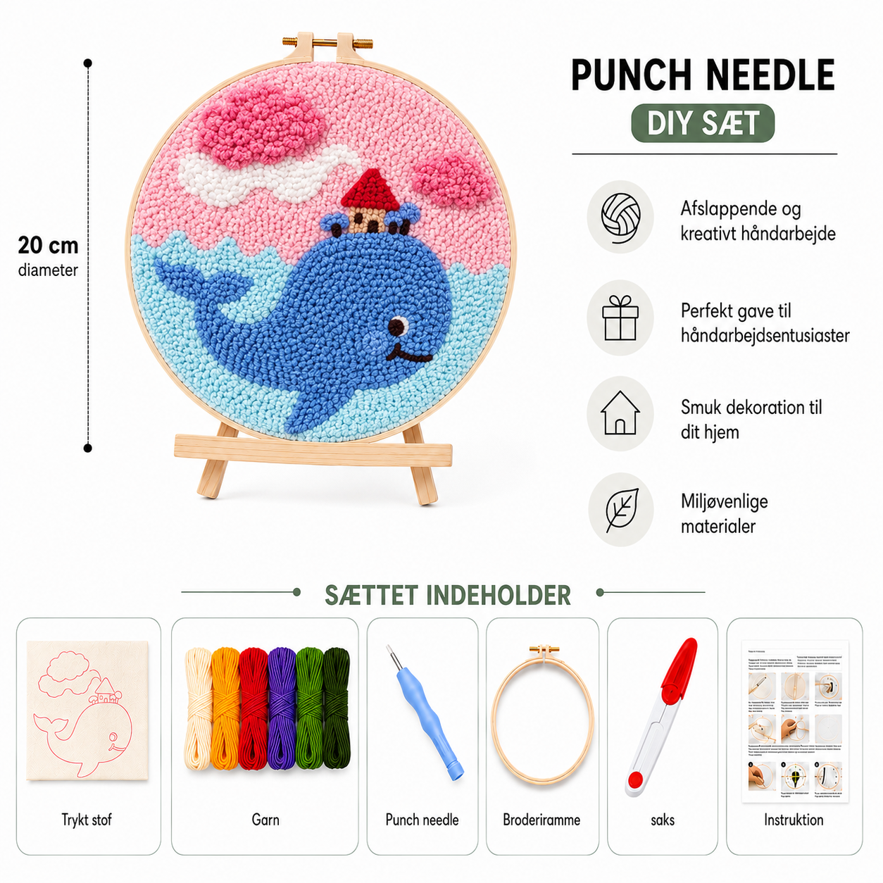 Punch Needle sæt med garn, nål og broderiramme