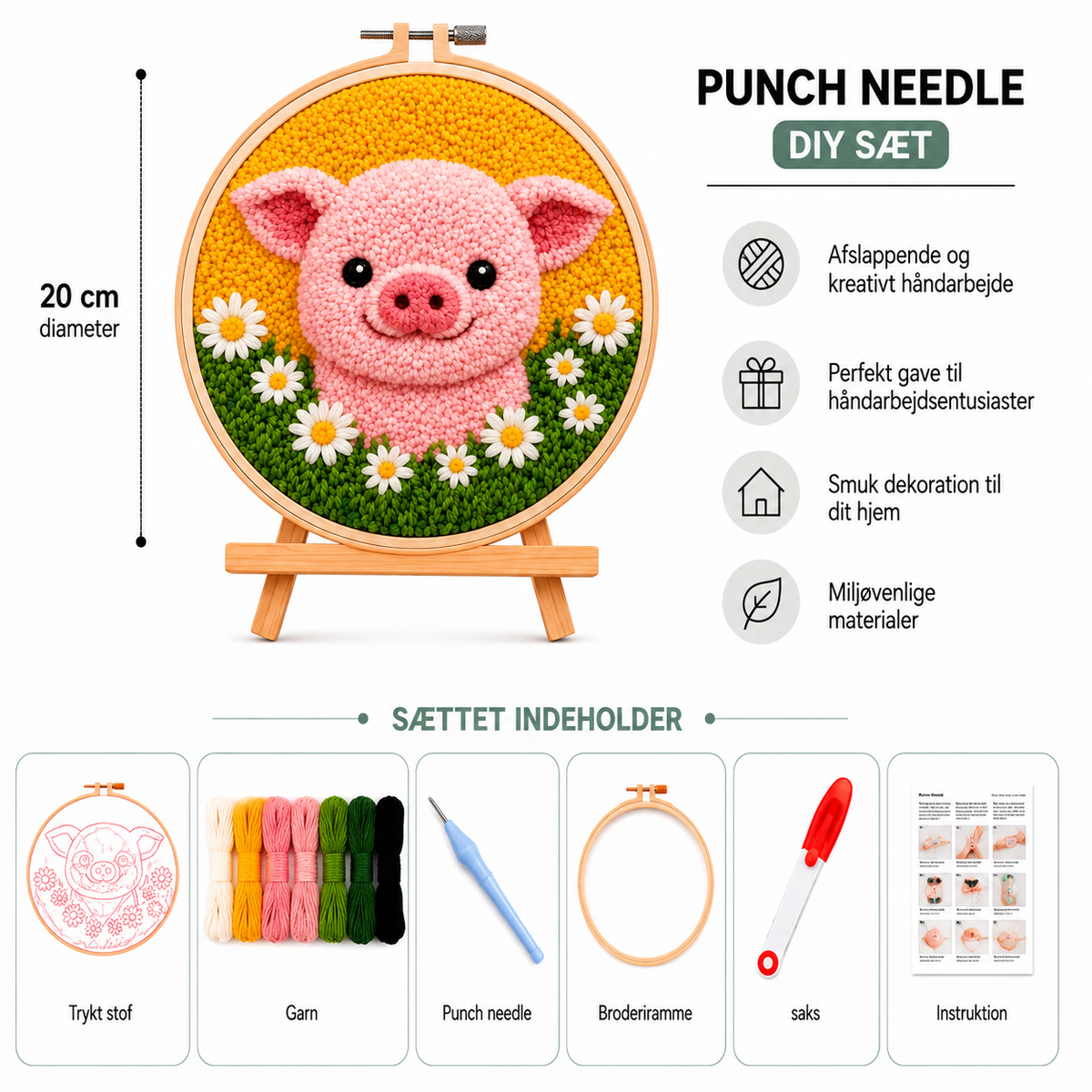 Punch Needle sæt med garn, nål og broderiramme 