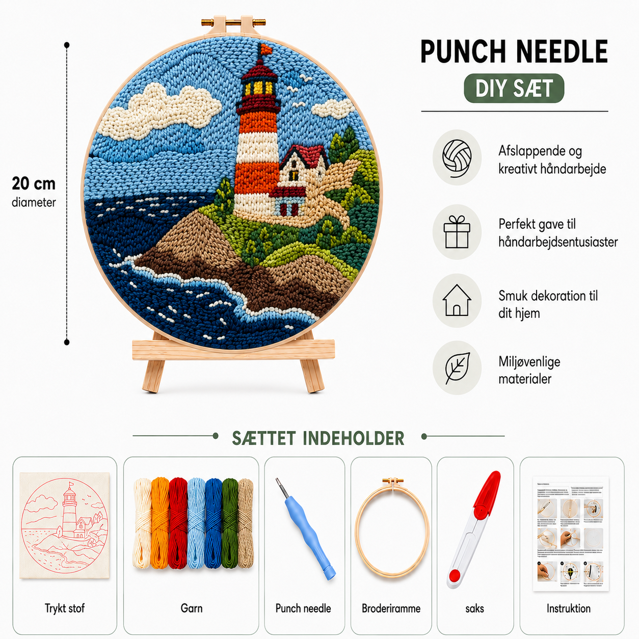Punch Needle sæt med garn, nål og broderiramme