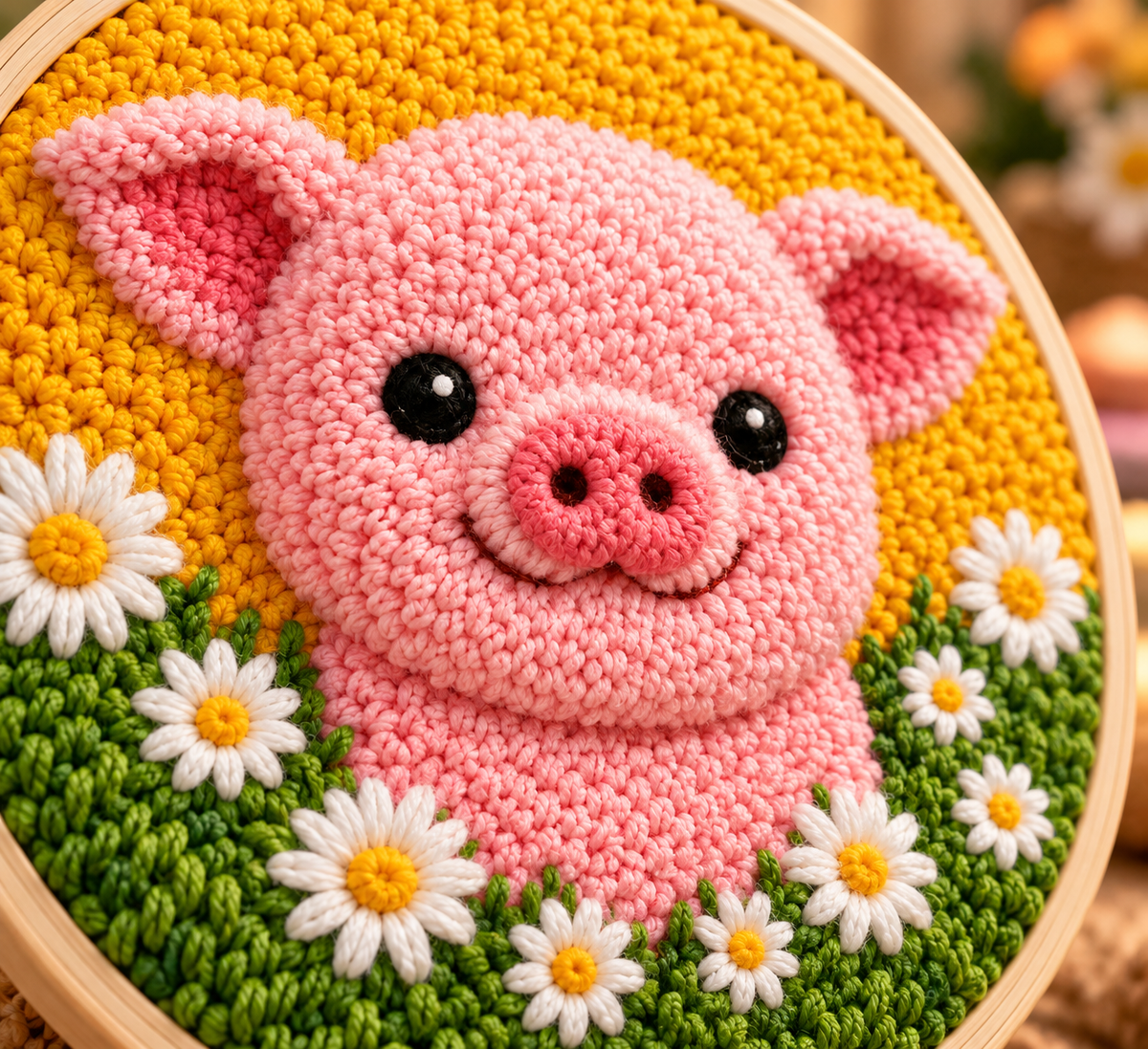 Detalje af Punch Needle Sød Gris i Blomsterengen design 