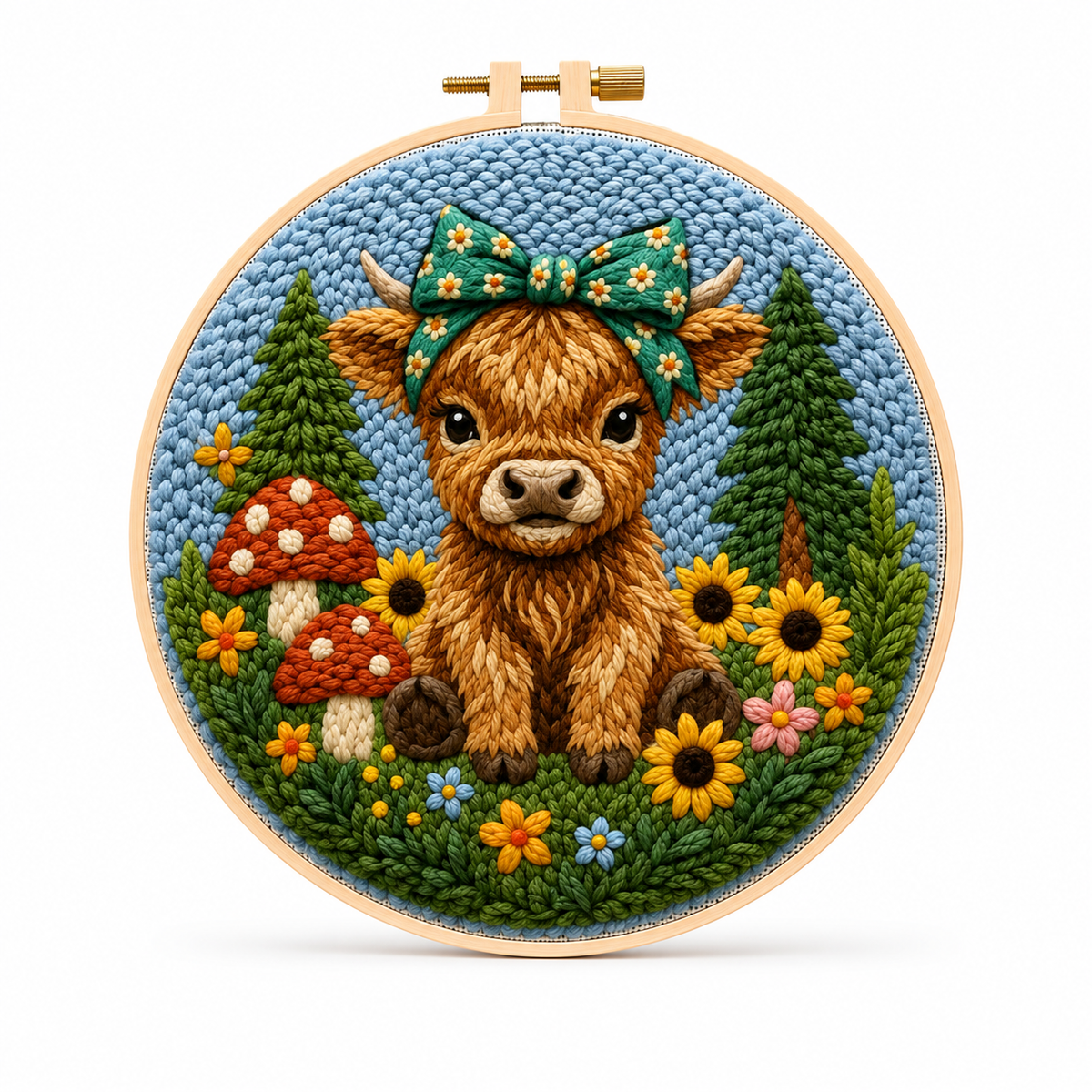 Punch Needle Sød Kalv med Blomster