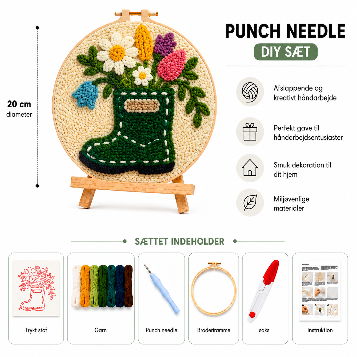 Punch Needle sæt med garn, nål og broderiramme