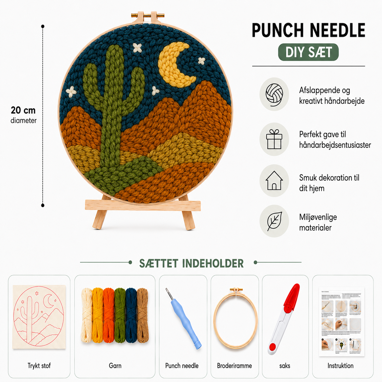 Punch Needle sæt med garn, nål og broderiramme