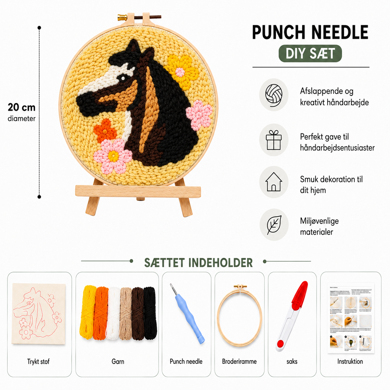 Punch Needle sæt med garn, nål og broderiramme