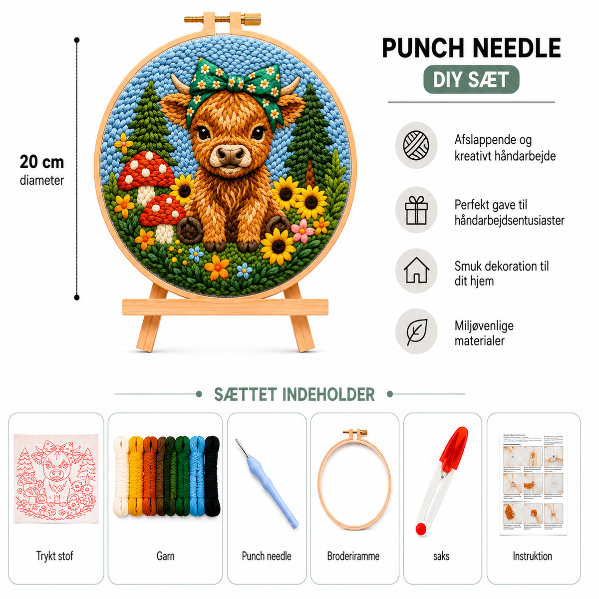 Punch Needle sæt med garn, nål og broderiramme 