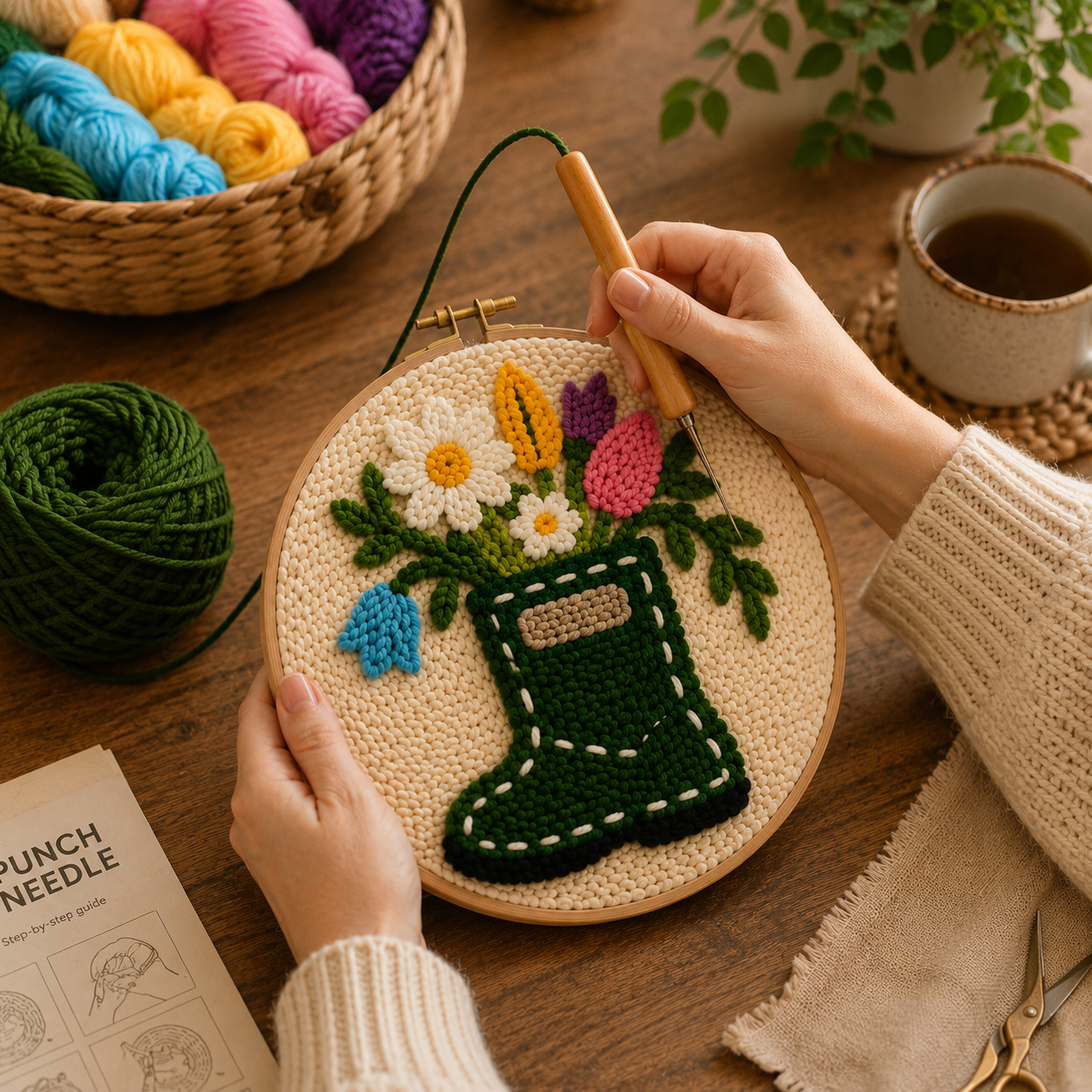 Punch Needle projekt under udførelse Blomsterstøvle