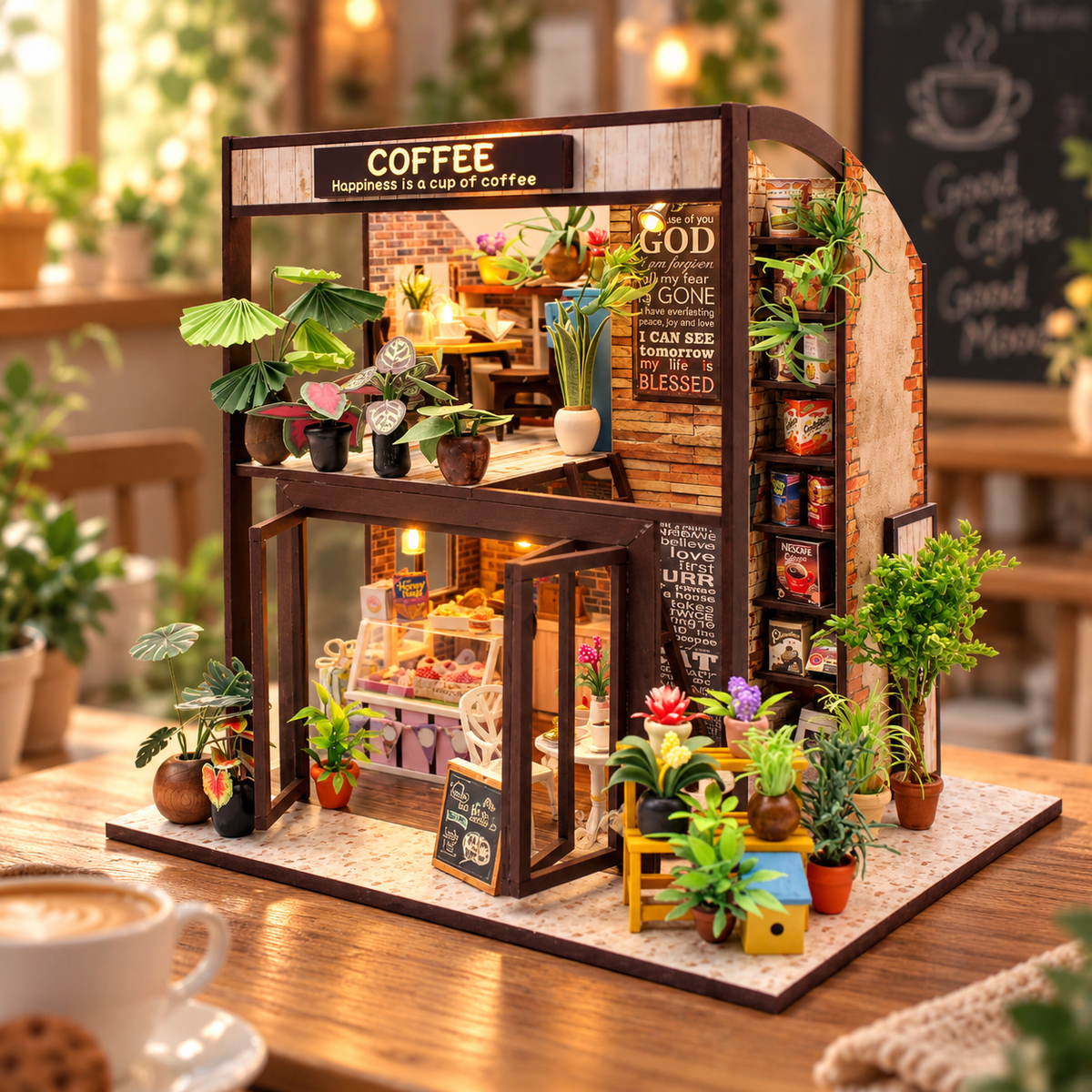 Miniature diorama af en hyggelig kaffebar med planter, blomster, kaffehylder, kageudstilling og varm LED-belysning – kreativt DIY byggesæt fra Craftsy.