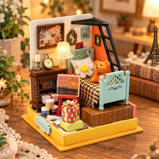 Miniature diorama med hyggeligt soveværelse, mintgrøn seng, bamse, miniaturemøbler, staffeli og varm LED-belysning – kreativt DIY byggesæt fra Craftsy.
